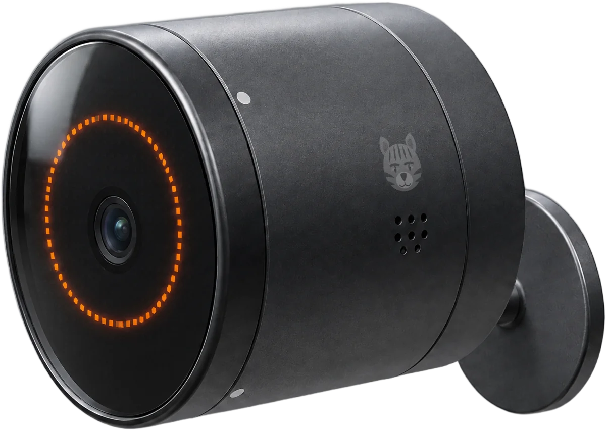 The Eye of the Tiger camera, an orange ring lit on its glass face