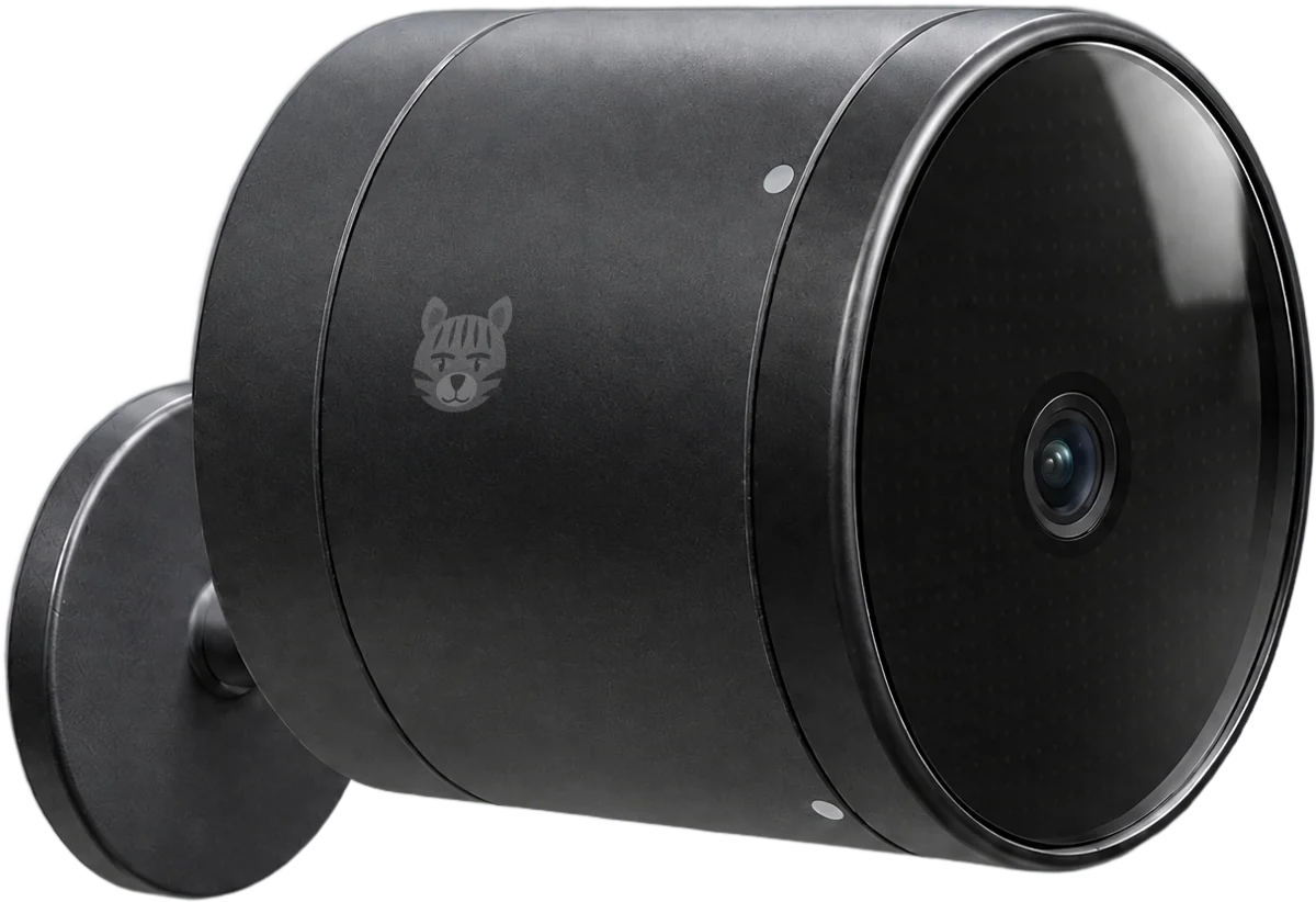 The Eye of the Tiger camera from the side, the tiger mark etched on its aluminium body